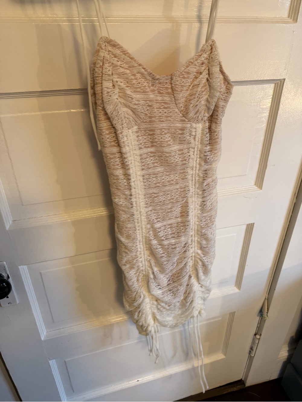 Fashion Nova Cream Lace Ruched Mini Dress